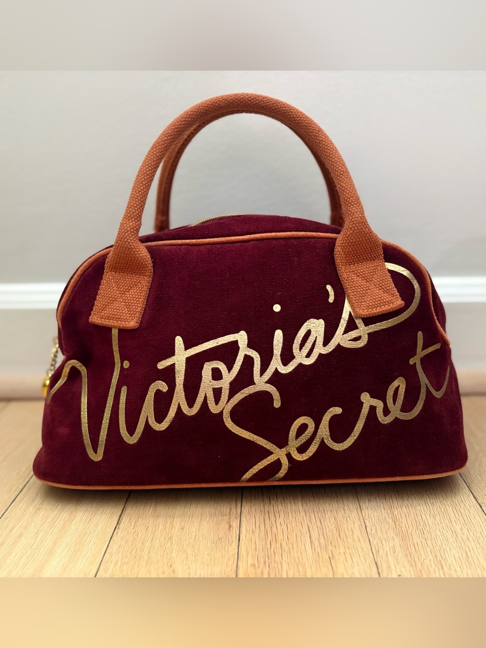 Victoria's Secret Y2K Burgundy Velvet Dome Bag with Orange Handles